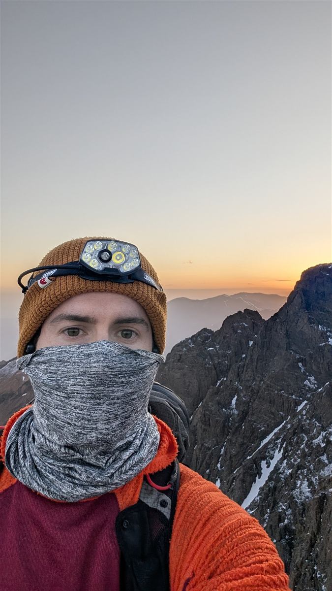Dawn on the ridge, buff up, headtorch on